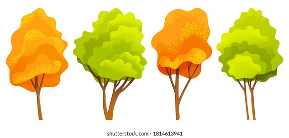 Colección de árboles otoñales, diferentes tamaños y formas de árboles con hojas verdes, naranjas, amarillas, símbolos de árboles otoñales, concepto natural, interfaz paisajística, bosque o madera, planta orgánica de estilo plano