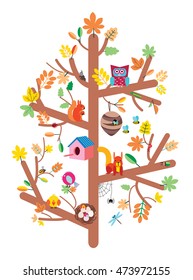 Autumn tree with colorful leaves, birds,animals and nesting boxes, insects flat vector illustration kids design