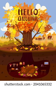 Autumn tree colorfull, cute Bear is sleeping in a burrow, hole. Fall background rural countryside landscape, yellow orange leaves, poster, banner. Vector illustration cartoon style