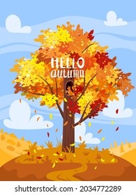 Autumn tree colorfull, fall background rural countryside landscape, yellow orange leaves. Lettering Hello Autumn, poster, banner. Vector illustration cartoon style