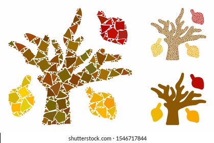 Autumn tree composition of rough items in variable sizes and color hues, based on autumn tree icon. Vector ragged items are grouped into collage. Autumn tree icons collage with dotted pattern.