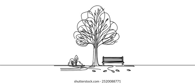 Autumn tree concept with flying leaves, autumn coziness. Continuous line drawing design graphic vector illustration.