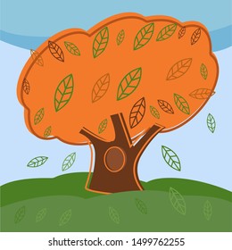 Autumn tree consists of a trunk, hollow and crown. Leaves fall. Sky and grass.