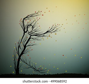 autumn tree dance, tree silhouette like a man  stretching her hands to the last autumn sun,  plant alive, autumn dance, tree alive idea, vector