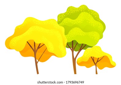 Autumn tree, different sizes and forms trees with green, orange, yellow leaves, autumn symbols, natural concept, landscape interface, forest or wood, organic plant in flat style, environment