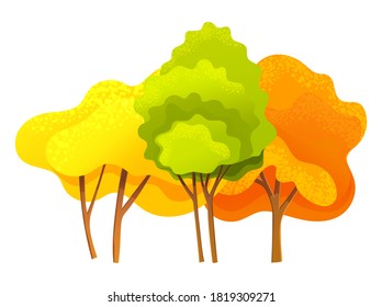 Autumn tree, different sizes and forms trees with green, orange, yellow leaves, autumn symbols, natural concept, landscape interface, forest or wood, organic plant in flat style, environment