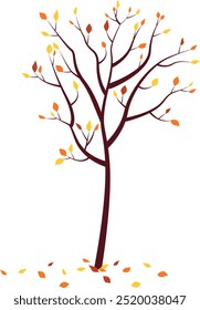 Autumn tree with fallen leaves around vector illustration.