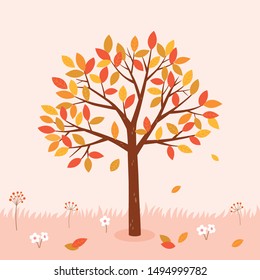 Autumn tree with fallen leaves. Autumn background. 