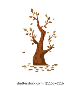 Autumn tree with fallen leaves and bare branches, flat cartoon vector illustration isolated on white background. Natural changes of tree in autumn season.