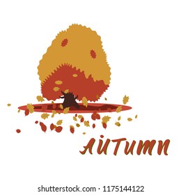 Autumn tree with falling leave vector illustration. Beautiful colours of the season with a note Autumn. 