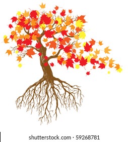 autumn tree with falling leaves
