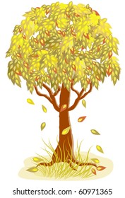 Autumn tree with falling leaves