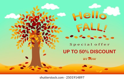 Autumn tree with falling leaves against a blue sky with clouds. Fall sale template for banner, poster, card, label, web banner. 