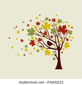 Autumn Tree With Falling Leaves and Bird. 