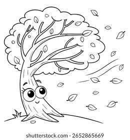 Autumn Tree with Falling Leaves a cute tree with big eyes and falling leaves swirling