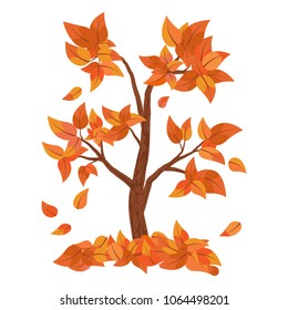 Autumn tree with falling leaves isolated on white background. Pile of leaves. Vector Illustration
