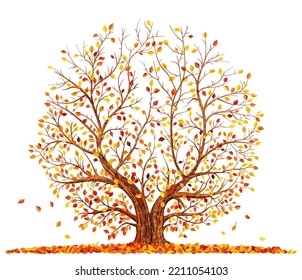 Árbol otoñal con hojas caídas aisladas en ilustración vectorial de fondo blanco.
