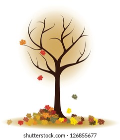Autumn tree with falling leaves, maple leaves