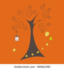 Autumn tree with falling leaves and old lamp. Art vector illustration for you design.