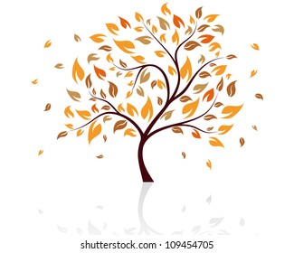 Autumn Tree With Falling Leaves on White Background. Elegant Design with Text Space and Ideal Balanced Colors. Vector Illustration.