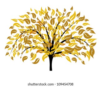 Autumn Tree With Falling Leaves on White Background. Elegant Design with Text Space and Ideal Balanced Colors. Vector Illustration.