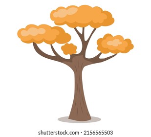 Árbol de otoño con hojas caídas sobre fondo blanco. Planta con tronco grueso y hojas amarillas. Paisaje estacional de septiembre, caricatura jardín naturaleza vegetación naranja brillante, vegetación exterior de octubre