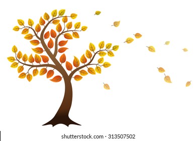 Autumn tree with falling leaves on white background