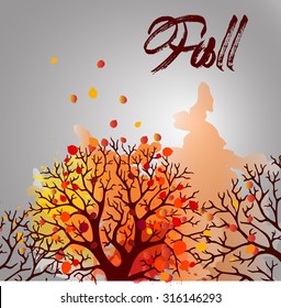 Autumn Tree With Falling Leaves on White Background. Elegant Design with Text Space and Ideal Balanced Colors. vector 