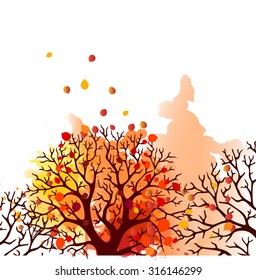 Autumn Tree With Falling Leaves on White Background. Elegant Design with Text Space and Ideal Balanced Colors. vector 