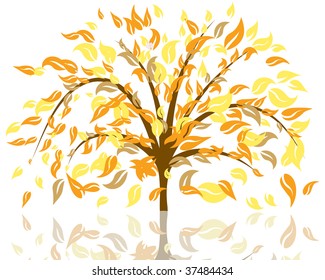 Autumn Tree With Falling Leaves on White Background. Elegant Design with Text Space and Ideal Balanced Colors. Vector Illustration.