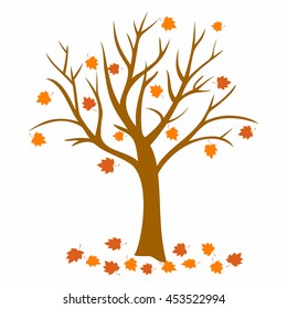 Autumn  Tree With Falling Leaves on White Background. 