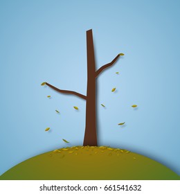 Autumn , tree with falling leaves , paper art style