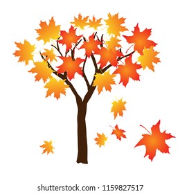 Autumn tree with falling leaves, vector illustration on white background