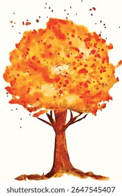 Autumn tree with falling leaves and watercolor effect