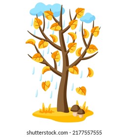 Árbol de otoño con hojas amarillas caídas. Ilustración estacional.