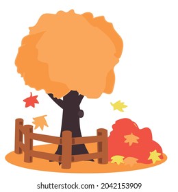 Autumn tree with a fence Vector Doodle Illustration. Leaves, fall, colored.