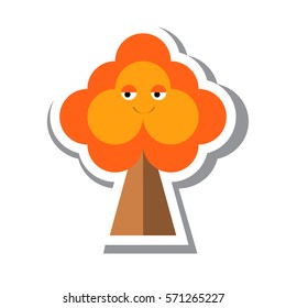 Autumn tree in flat style isolated on the white background. Cute autumn tree in cartoon style with smile face. Vector.