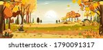 Autumn tree forest and sunset sky background,Vector cartoon for fall scene of meadow field landscape,orange maple leaves,farm, grass on hill,Art Nature scenery countryside mountain with flowers