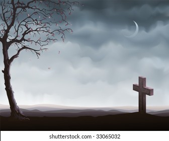 Autumn tree and a gravestone (other landscapes are in my gallery)