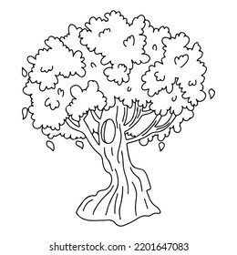 Autumn tree in hand drawn doodle style. Sketch tree with a thick trunk. Fall nature element. Coloring.