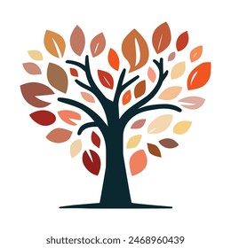 Autumn Tree in heart shape, Vector illustration. Logo, Isolated on white background.