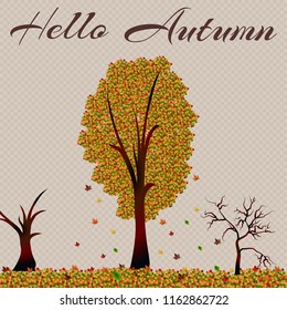 Autumn tree, hi autumn, fall leaves. Vector illustration for your concept. Vector background with red, orange, brown and yellow falling autumn leaves.