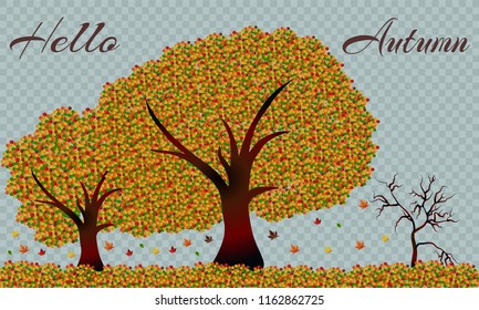 Autumn tree, hi autumn, fall leaves. Vector illustration for your concept. Vector background with red, orange, brown and yellow falling autumn leaves.