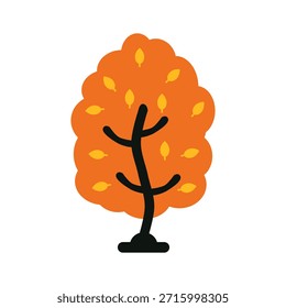 Autumn Tree Icon with Rounded Orange Canopy Yellow Leaves and Flat Illustration