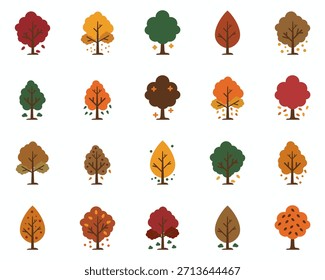 Icono del árbol de otoño fijado Colección con diversas Formas y Colores estacionales