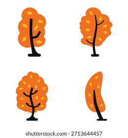 Conjunto de iconos de árbol de otoño con hojas de naranja Ilustración vectorial mínima plana