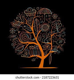 Autumn tree isolated on black, Fall season. Hand drawn concept art for your design project - banners, poster, web, print materials. Vector illustration