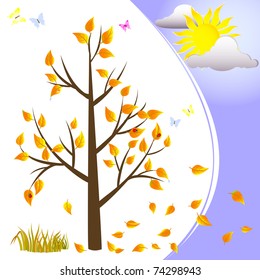 Autumn tree isolated on white, icons sun and cloud. vector.