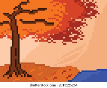 autumn tree and the lake with pixel art style