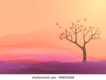 Autumn Tree Landscape - Vector Illustration